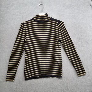 Lauren Ralph Lauren Women Sweater XL Yellow Metallic Striped Knit Turtleneck